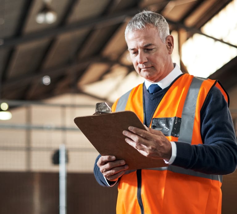Man in high vis with clip board